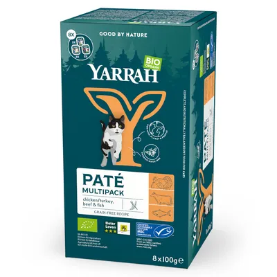 Yarrah Bio Paté Multipack pour chat, 8 x 100 g, saveurs poulet, dinde, bœuf et poisson. Labels bio, Beter Leven, MSC. Texte en anglais sur l'emballage.