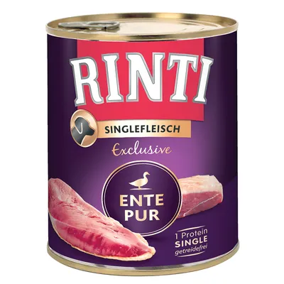 RINTI Singlefleisch Exclusive Ente Pur -purkkiruoka, näkyvissä ankankuvio ja tekstit: 1 Protein Single, getreidefrei. Saksankielinen tuotenimi ja proteiinitieto etiketissä.