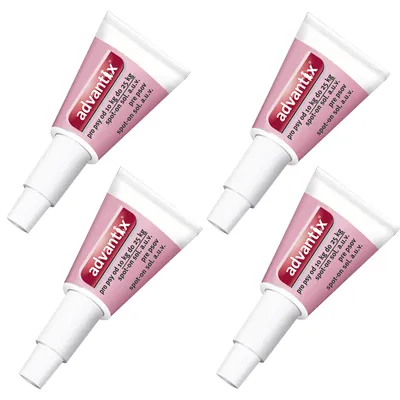 Čtyři tuby Advantix pro psy od 10 kg do 25 kg, spot-on sol. a.u.v., růžovo-bílé balení s viditelným názvem produktu a určením hmotnosti psa.