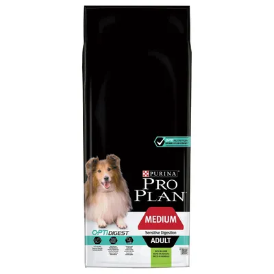 Sac hrană pentru câini Purina Pro Plan OptiDigest Medium Adult Sensitive Digestion, text vizibil: MEDIUM, ADULT, Rich in Lamb, imagine cu un câine pe ambalaj.
