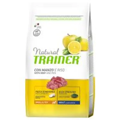 Natural Trainer con manzo e riso, Small & Toy, carne di manzo visibile sulla confezione, indicazioni: bocca sensibile pollo escluso, alga spirulina, per cani di piccola taglia.
