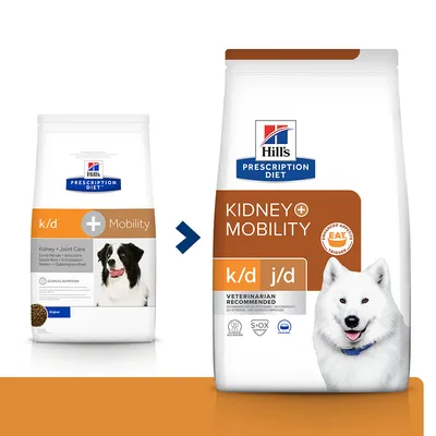 Hill's Prescription Diet k/d + Mobility hundefoder emballage ændres til ny pose med teksten KIDNEY+ MOBILITY, k/d j/d, VETERINARIAN RECOMMENDED, S+OX SHIELD, ENHANCED APPETITE TRIGGER