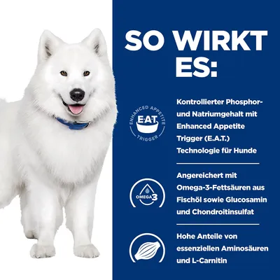 So wirkt es: Kontrollierter Phosphor- und Natriumgehalt mit Enhanced Appetite Trigger (E.A.T.) Technologie für Hunde. Angereichert mit Omega-3-Fettsäuren, Glucosamin, Chondroitinsulfat, Aminosäuren und L-Carnitin.