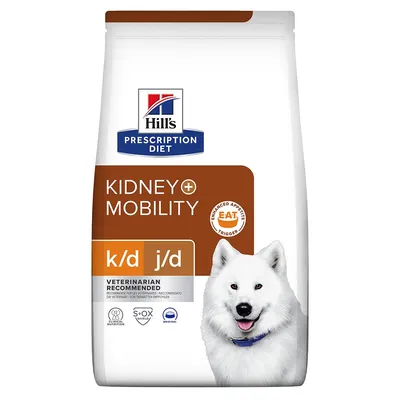Sacchetto Hill's Prescription Diet Kidney + Mobility k/d j/d per cani, testo visibile: Enhanced Appetite Trigger EAT, Veterinarian Recommended, immagine di cane bianco sul fronte.