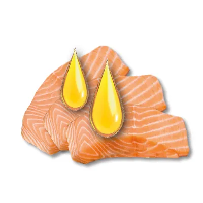 Filetes de salmón crudo con dos gotas grandes de aceite amarillo encima, indicando presencia de aceite de salmón como ingrediente visible.