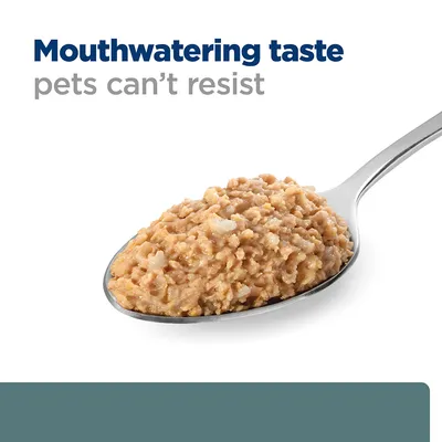 Spoonful of moist pet food with text: Mouthwatering taste pets can’t resist.