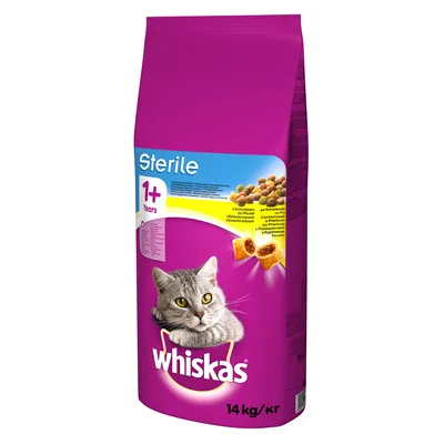 Whiskas Sterile kattefoder til steriliserede katte fra 1 år, 14 kg pakke. Vist: tørfoder og emballagedesign med grå kat.