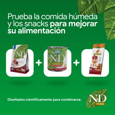 N&D Prime pienso, comida húmeda y Dental Treat. Desarrollado científicamente para combinarse y ofrecer una mejor nutrición. N&D Prime pienso, comida húmeda y Dental Treat. Desarrollado científicamente para combinarse y ofrecer una mejor nutrición.