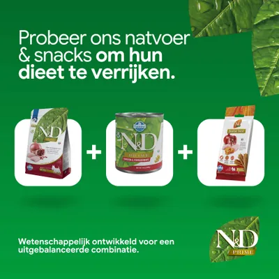 N&D Prime droogvoer, natvoer en Dental Treat. Wetenschappelijk ontwikkeld voor een uitgebalanceerde combinatie. N&D Prime droogvoer, natvoer en Dental Treat. Wetenschappelijk ontwikkeld voor een uitgebalanceerde combinatie.