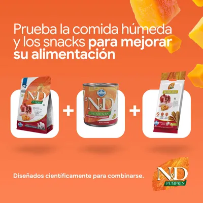N&D Pumpkin pienso, comida húmeda y Dental Treats. Desarrollado para combinarse y ofrecer una mejor nutrición.