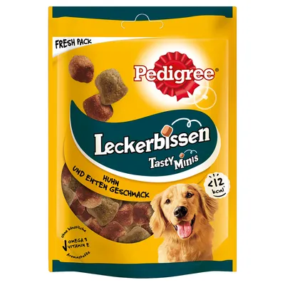 Sachet Pedigree Leckerbissen Tasty Minis, goût poulet et canard, moins de 12 kcal par pièce, Omega 3, vitamine E, sans colorants artificiels. Texte en allemand et anglais.