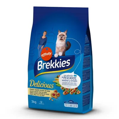 Sac de croquettes pour chat Affinity Brekkies Delicious, 3 kg, mention « con selección de pescados, verduras y cereales », croquettes illustrées sur l’emballage.