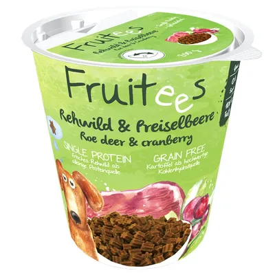 Fruitees Rehwild & Preiselbeere. Single Protein: frisches Rehwild als alleinige Proteinquelle. Grain Free: Kartoffel als hochwertige Kohlenhydratquelle.