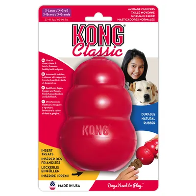 KONG Classic extra large for dogs 27-41 kg. Made of natural rubber, durable. Fill with treats. Supports healthy teeth and gums. Made in USA.