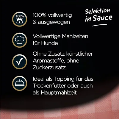 Текст на немецком: 100% vollwertig & ausgewogen, Vollwertige Mahlzeiten für Hunde, Ohne Zusatz künstlicher Aromastoffe, ohne Zuckerzusatz, Ideal als Topping für das Trockenfutter oder als Hauptmahlzeit.