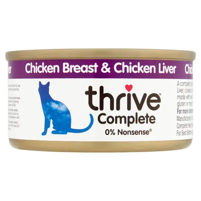 thrive Complete kattenvoer, Chicken Breast & Chicken Liver, 0% Nonsense. Blik met paarse rand en blauwe kat illustratie.