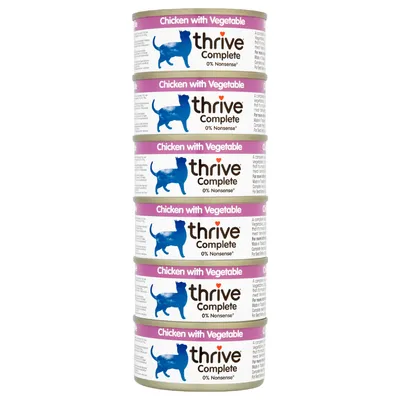 Zes blikjes thrive Complete kattenvoer, Chicken with Vegetable, 0% Nonsense zichtbaar op elk blikje.