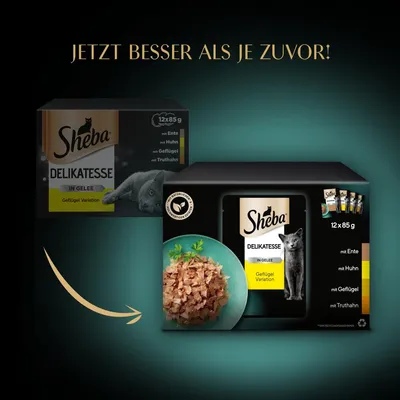 Sheba Delikatesse zselében, szárnyas válogatás kacsával, csirkével, baromfival és pulykával. 12x85g csomag.