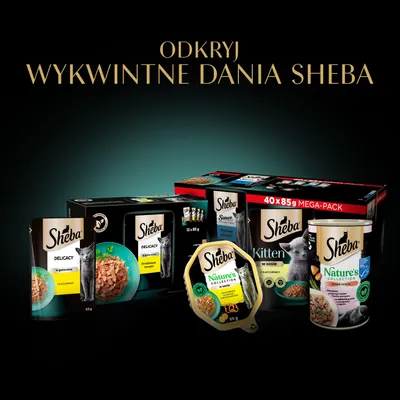 Różne produkty Sheba dla kotów, w tym Delicacy, Nature's Collection oraz Kitten, z polskim tekstem: Odkryj wykwintne dania Sheba.