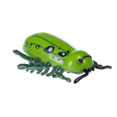 Green beetle toy with black stripes and dots, made of plastic, suitable for interactive play.