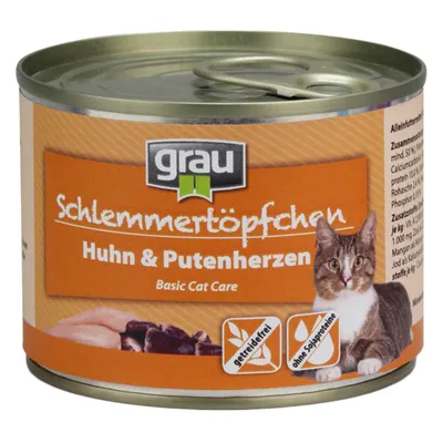 grau Schlemmertöpfchen Huhn & Putenherzen Basic Cat Care dåsemad til kat, mærket med 'getreidefrei' og 'ohne Sojaproteine', billede af kat på emballagen.