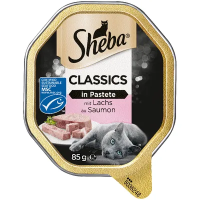 Sheba Classics в паштете с лососем, MSC-сертифицировано, 85 г. На упаковке изображена серая кошка и паштет из лосося.