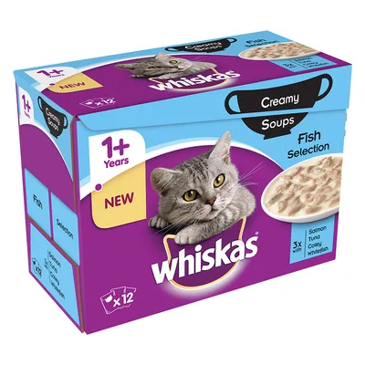 Whiskas Creamy Soups Fish Selection, pentru pisici 1+ ani, pachet 12 x 85 g. Sortimente: somon, ton, cod, merluciu. Text vizibil: NEW, 1+ Years.