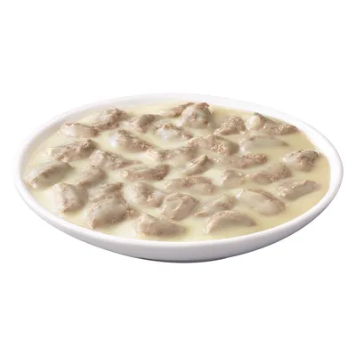 Miska s kousky masa v omáčce, zobrazeno krmivo pro domácí mazlíčky bez viditelné značky nebo textu.