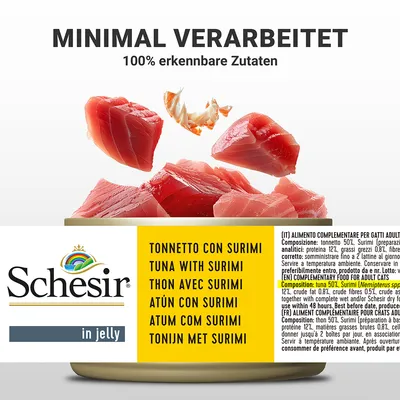 Schesir in Jelly. Minimalno predelana, 100 % prepoznavne sestavine. Tuna s surimijem. Dopolnilna hrana za odrasle mačke. Sestava: tuna 50 %, surimi 12 %.
