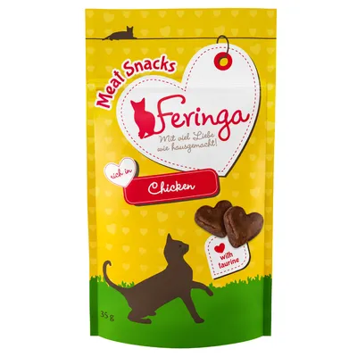 Feringa Meat Snacks, rich in Chicken, with taurine. 35 g pose med hjerteformede godbidder. Tekst: Mit viel Liebe wie hausgemacht! with taurine.