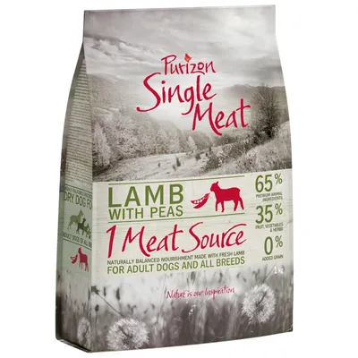 Purizon Single Meat Lamb with Peas, 1 kg. 65 % premium animal ingredients, 35 % fruits, légumes et herbes, 0 % céréales ajoutées. Pour chiens adultes toutes races. Texte en anglais.