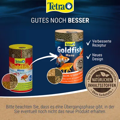 Tetra Goldfish Menu mit verbesserter Rezeptur und neuem Design. Mit natürlichen Inhaltsstoffen, ohne Zusatz von Konservierungsstoffen und Farbstoffen.