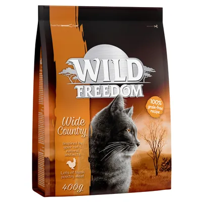 Sachet de croquettes pour chat Wild Freedom Wide Country, 400 g. Texte visible : 100 % grain-free recipe, lots of fresh poultry meat, inspired by your cat’s natural instincts.