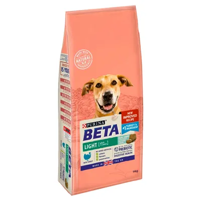 Bag of Purina Beta Light adult food with turkey, new improved recipe, prebiotic for digestive health, no added artificial colours, flavours or preservatives, 14kg.