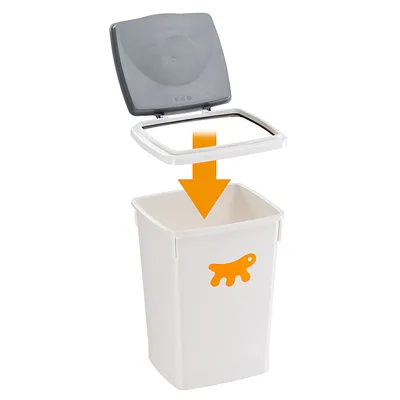 Hvid beholder med orange hundesymbol og aftageligt gråt låg, vist med pil for nem åbning.