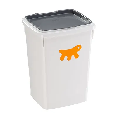 Hvid foderbeholder med gråt låg og orange hundesymbol på forsiden.