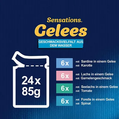 Sensations Gelees. Ποικιλία γεύσεων από τη θάλασσα: 24x85g. 6x σαρδέλα με καρότο, 6x σολομός με γεύση γαρίδας, 6x μπακαλιάρος με ντομάτα, 6x πέστροφα με σπανάκι.