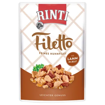 Rinti Filetto Feines Huhnfilet mit Lamm in Jelly, confezione con immagine di bocconcini di carne e scritta 'Leichter Genuss' sul fronte.