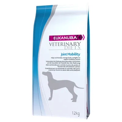Eukanuba Veterinary Diets Joint Mobility, podporuje zdravú hmotnosť a kĺby, 12 kg. Silueta psa na obale.
