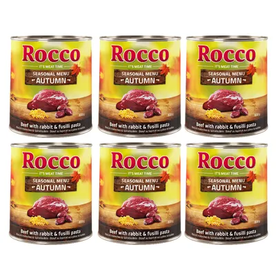 Rocco Seasonal Menu Autumn. Rind mit Kaninchen und Fusilli-Nudeln, 800g Dose. Sechs Dosen sichtbar.