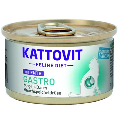 Conservă Kattovit Feline Diet Gastro mit Ente, text vizibil: Magen-Darm Bauchspeicheldrüse, etichetă cu pisică și mențiunea 'Verbesserte Rezeptur'.