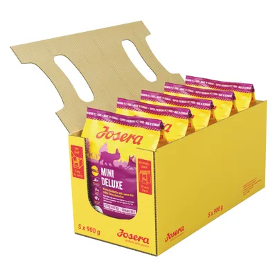 Carton de 5 sachets Josera Mini Deluxe 900 g, texte visible : 'Getreidefrei / Grain Free', 'Easy to carry', 'Fresh Pack', '5 x 900 g'. Emballage jaune et violet.