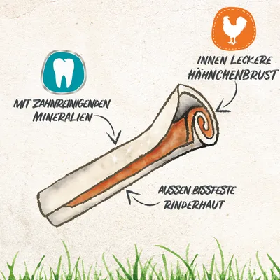 Kaurolle mit bissfester Rinderhaut außen, innen leckere Hähnchenbrust. Enthält zahnreinigende Mineralien.