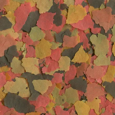 Nourriture pour poissons en flocons multicolores, vue rapprochée des morceaux rouges, jaunes, verts et bruns. Aucun emballage ou marque visible.