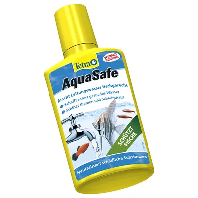 Tetra AquaSafe flaska med text: 'Macht Leitungswasser fischgerecht', 'Schützt Fische', 'Neutralisiert schädliche Substanzen'. Bild på akvariefiskar och vattenkran.