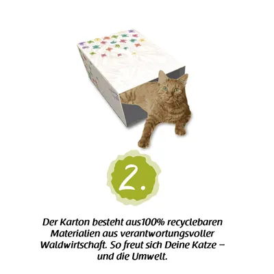 Der Karton besteht aus 100% recycelbaren Materialien aus verantwortungsvoller Waldwirtschaft. So freut sich Deine Katze und die Umwelt.