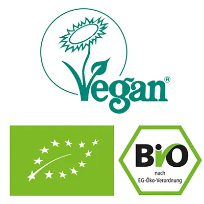 Vegan, siglă frunză stele UE și Bio nach EG-Öko-Verordnung. Textul 'Bio nach EG-Öko-Verordnung' este în limba germană.