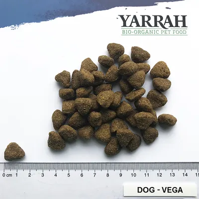 Granule Yarrah Bio-Organic Pet Food DOG - VEGA pentru câini, prezentate lângă o riglă cu centimetri pentru a evidenția dimensiunea produsului.