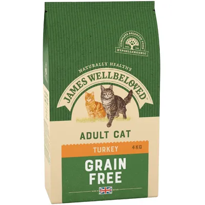 James Wellbeloved Adult Cat Turkey 4 kg, Grain Free, afbeelding van twee katten op de verpakking, Britse vlag zichtbaar, tekst: Naturally Healthy, Complete Balanced Food, Hypoallergenic.