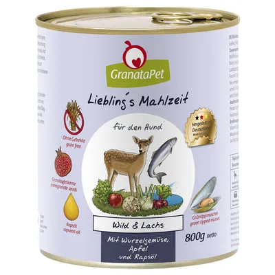GranataPet Liebling's Mahlzeit dla psa, dziczyzna i łosoś, 800 g. Bez zbóż, z olejem rzepakowym, pestkami granatu, warzywami korzeniowymi, jabłkiem. Wyprodukowano w Niemczech.